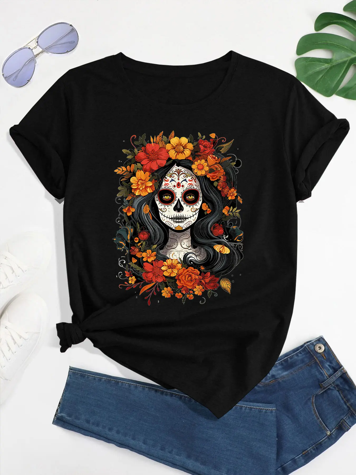 De Los Muertos La Catrina Day of the Dead Sugar Sk unisex soft cotton short sleeve t shirt, vintage graphic casual tee for men women teens, perfect birthday holiday gift for camping travel gym daily street casual wear