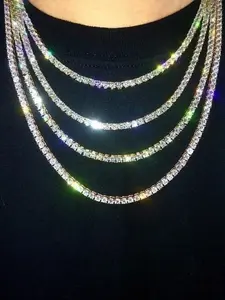 Shiny Tennis Chain Necklace, Hip Hop Style Fashion Jewelry, Unisex Clavicle Chain Accessory, One-Sided Design Trendy Look, Iced Out Jewelry