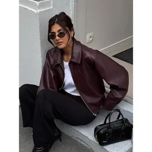 Vintage Wine Red Loose Short Leather Jacket Women Fashion Lapel Long Sleeves Zipper Cropped Coat 2025 Autumn Lady Street Outwear
