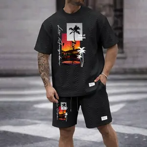 Men's Hawaii Tropical Graphic Letter Print Textured Fabric Drawstring Waist Shorts Set 2 Counts, Short Sleeve T-Shirt & Pocket Track Shorts, Casual Fashion Cozy Men Two-Piece Outfits For Spring & Fall