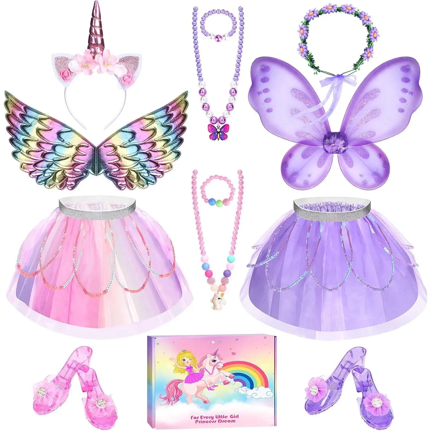 Little Girls' Polyester Fantasy Princess Costume Set - Tulle Unicorn Fairy Outfit with Floral Tutu Skirt, Fairy Wings, High-Heel Shoes, Bracelet, Headband, Elastic Waistband, Butterfly Accents, Crystal Details, All-Season Birthday Gift
