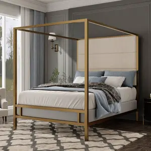 MERAX Modern Gold Canopy  With Tall Linen Fabric Upholstered Headboard Metal 4-Poster  Frame, Box Spring Needed, King bed