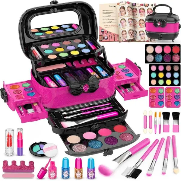Halloween Fall Gift 58 Pcs Kids Makeup Toys Kit for Girls, Real Washable Make Up Set | Safety Material Certificates, Non-Toxic, Storage Case with Mirror, Birthday Gifts for 3 4 5 6 7 8 9 10 11 12 Years Old (Rose)