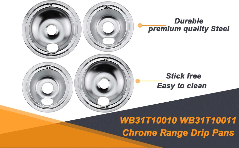 WB31T10010 WB31T10011 Chrome Range Drip Pans by Blutoget- Electric Stove Drip Pans Fit for GE Hotpoint Ken-more Electric Range with Locking Slot-Includes 2 6-Inch&2 8-Inch -4 Pack(Chrome Plated Steel)