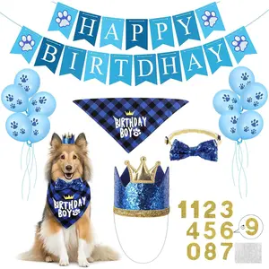 Dog Birthday Party Supplies Hat Bandana Scarf with Cute Bow Tie Flag Balloons for Small Medium Dogs Pet Birthday Party Decorations