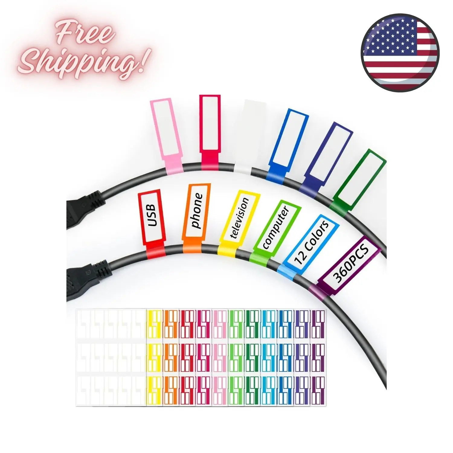 360PCS Cable Labels, 12 Colors Waterproof Cable Tags Wire Cord Label