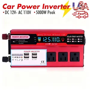 Heavy-Duty Portable 5000W Peak Vehicle Power Inverter, 12V to 110V AC Car Power Adapter with Intelligent Protection, High-Speed USB Ports & Digital Display for Outdoor Emergency Scenarios