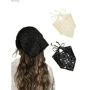 Women’s Vintage Daisy Floral Crochet Knit Square Headscarf Set, Boho Trendy Hair Wrap, Soft Breathable Versatile Fashion Accessory, Cute Stylish Headband Scarf for Girls & Women, Ideal for Daily Casual Wear, Beach Vacation, Festival Looks and Street Style