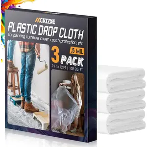 12 x 9 Ft Plastic Drop Cloths (3-Pack) - Disposable Painter's Sheeting & Tarps for Painting, Waterproof Furniture Couch Floor Protection