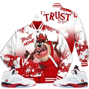 5 Retro Fire Red Varsity Jacket, 2025 Fire Red Black Tongue 5s Shirt, Trust No One Tasmanian She Devil Couples Matching Outfits Streetwear Sneaker Shirt Fabric Womenswear