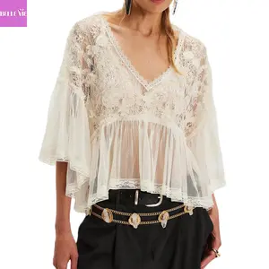 Women's Summer Shirts Flare Half Sleeve Deep V Neck Crochet Floral Embroidery See Through Patchwork Tops