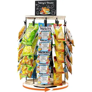 MOVATEK 360° Rotating Wooden Snack Stand | 5-Tier Candy Display 40 Clips Snack Organizer| Rack for Concession Stand Countertop Snack Stand Party  | Sturdy base | With Message Board |