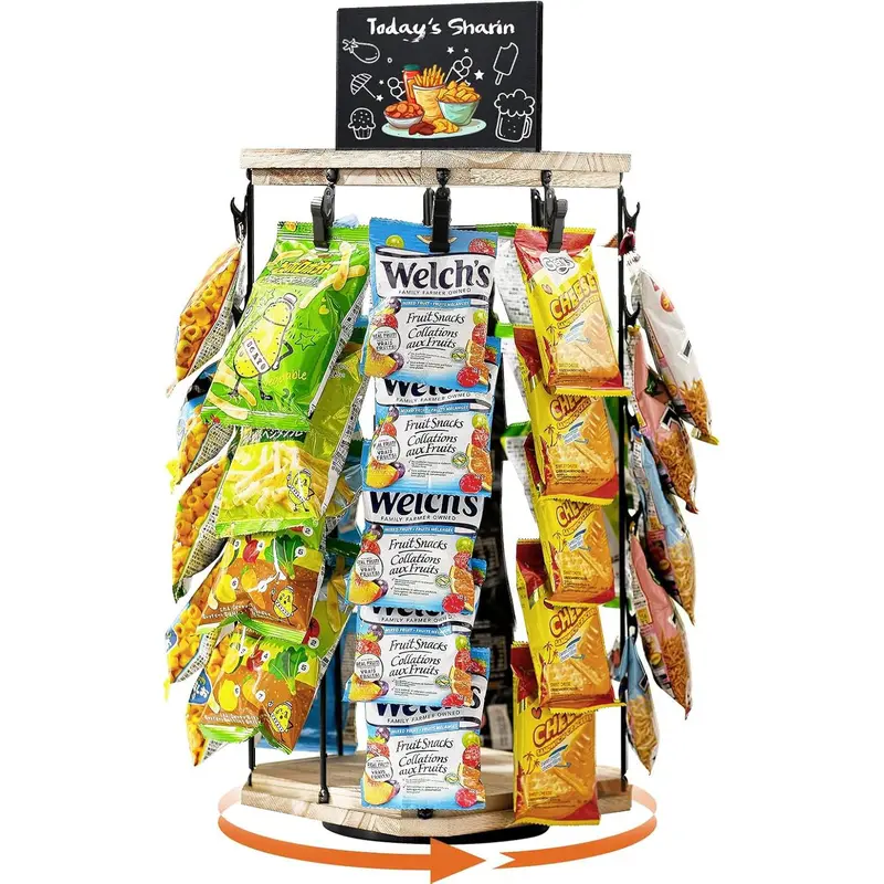 MOVATEK 360° Rotating Wooden Snack Stand | 5-Tier Candy Display 40 Clips Snack Organizer| Rack for Concession Stand Countertop Snack Stand Party  | Sturdy base | With Message Board |