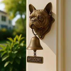 Pet Dog Welcome Doorbell – Resin Dog Head with Vintage Metal Iron Bell, Rustic Indoor/Outdoor Decorative Doorbell & Hanging Ornament, German Shepherd / French Bulldog / Labrador Retriever