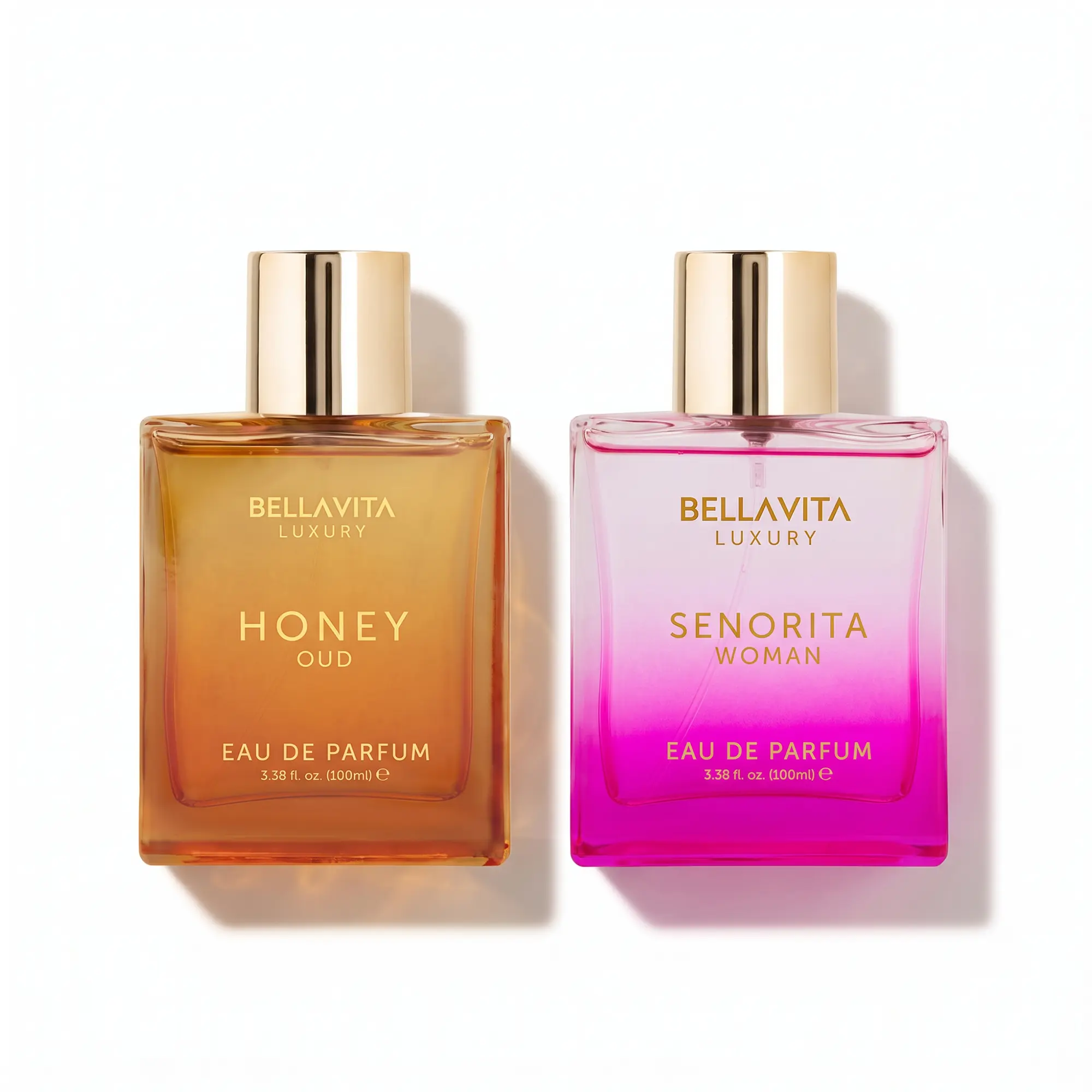 The Golden Fiesta Duo by Bellavita Luxury | Honey Oud & Senorita Woman Eau De Parfum | Women’s Fragrance Combo | Oriental Woody & Fruity Floral | Notes of Honey, Oud, Yuzu, Pomegranate & Peony | Long Lasting | IFRA-Certified | 2x100 ML (2x3.4 Fl. Oz)