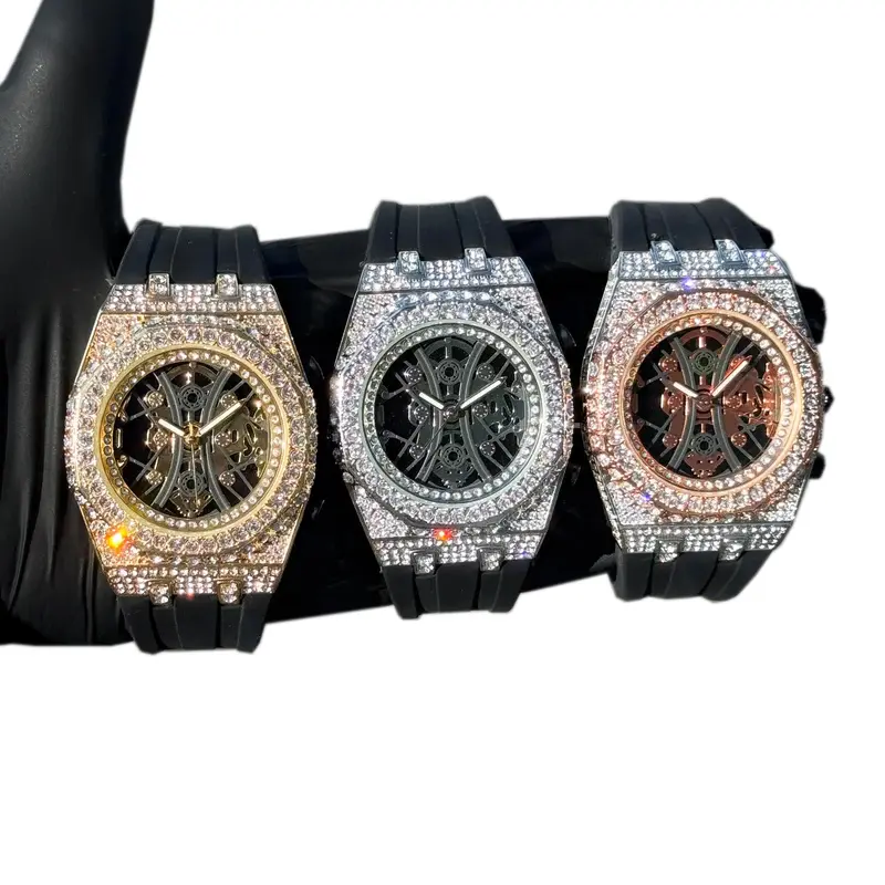 MaxBling81 Men's Hip Hop Luxurious Shiny Diamond-Studded Quartz Watch - Iced Bling Round Face, Simulated Diamond Accents, Black Silicone Band, Water-Resistant Rapper Fashion Watch, Luxurious Quartz Watches, Shiny Quartz Watches