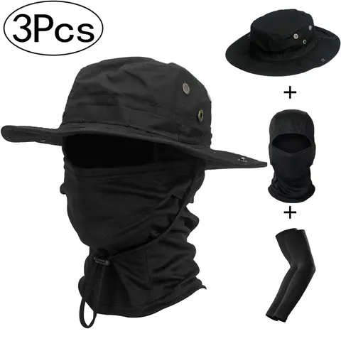 Men's UV Protection Military Camouflage Hat & Balaclava & Arm Sleeves Set for Outdoor Sports, Hiking and Camping, Wide Brim, Sunscreen Hat