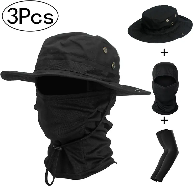 Men's UV Protection Military Camouflage Hat & Balaclava & Arm Sleeves Set for Outdoor Sports, Hiking and Camping, Wide Brim, Sunscreen Hat