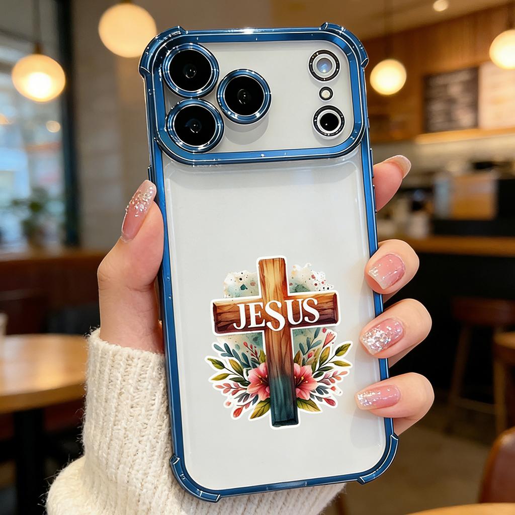 Floral Jesus Cross Phone Case for iPhone 11/12/13/14/15/16/17 Pro Max Plus & 17 Air, Gold Electroplated Religious Christian Cover DDSJ-260407028