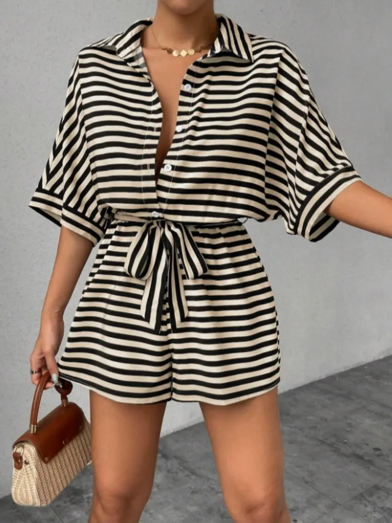 Women's Striped Print Batwing Sleeve Romper, Lady Casual Loose Button Front Romper for Summer, Fashion Women's Clothes for Daily Wear, Womenswear, Summer Casual Jumpsuit, Elastic Waist Romper, Tie Waist Romper