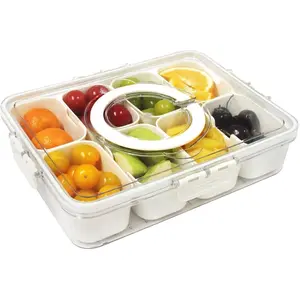 Snackle Box Container, Portable Snack Box 8 Compartment Divided Serving Tray with Lid & Handle, Clear Snack Charcuterie Platter for Travel Candy Party Fruit Salad