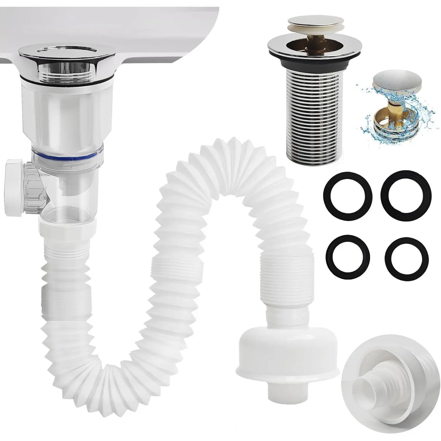 RuQiankun Bathroom Sink Drain Pipe Kit with Stainless Steel Pop-Up Stopper, Anti-Clog Strainer Basket Hair Catcher & Flexible P-Trap, Compatible with 1-1/4'' & 1-1/2'' Drains, Anti-Clog Filter, Multi-Size