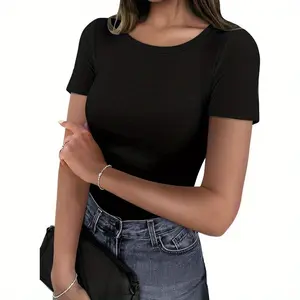 Women's Basic Round Neck Short-Sleeve Ribbed Knit Slim-Fit Cropped Compression T-Shirt for Girls, Breathable Fabric Casual Summer Outerwear