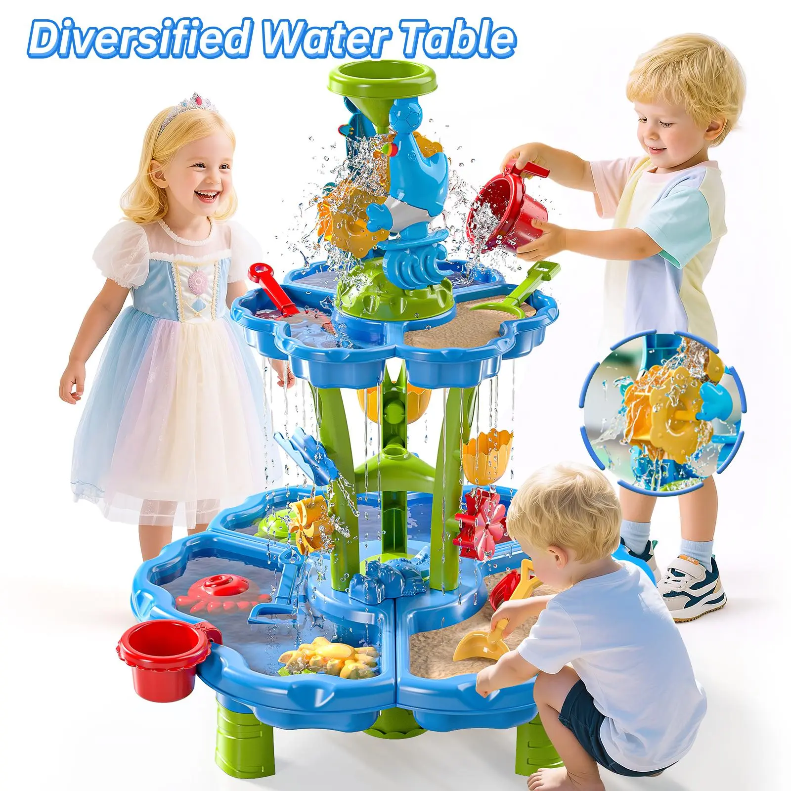 2 Tier Sand and Water Table | Summer Outdoor Beach Toy for Kids, Perfect Birthday Christmas Holiday Gift play【A】