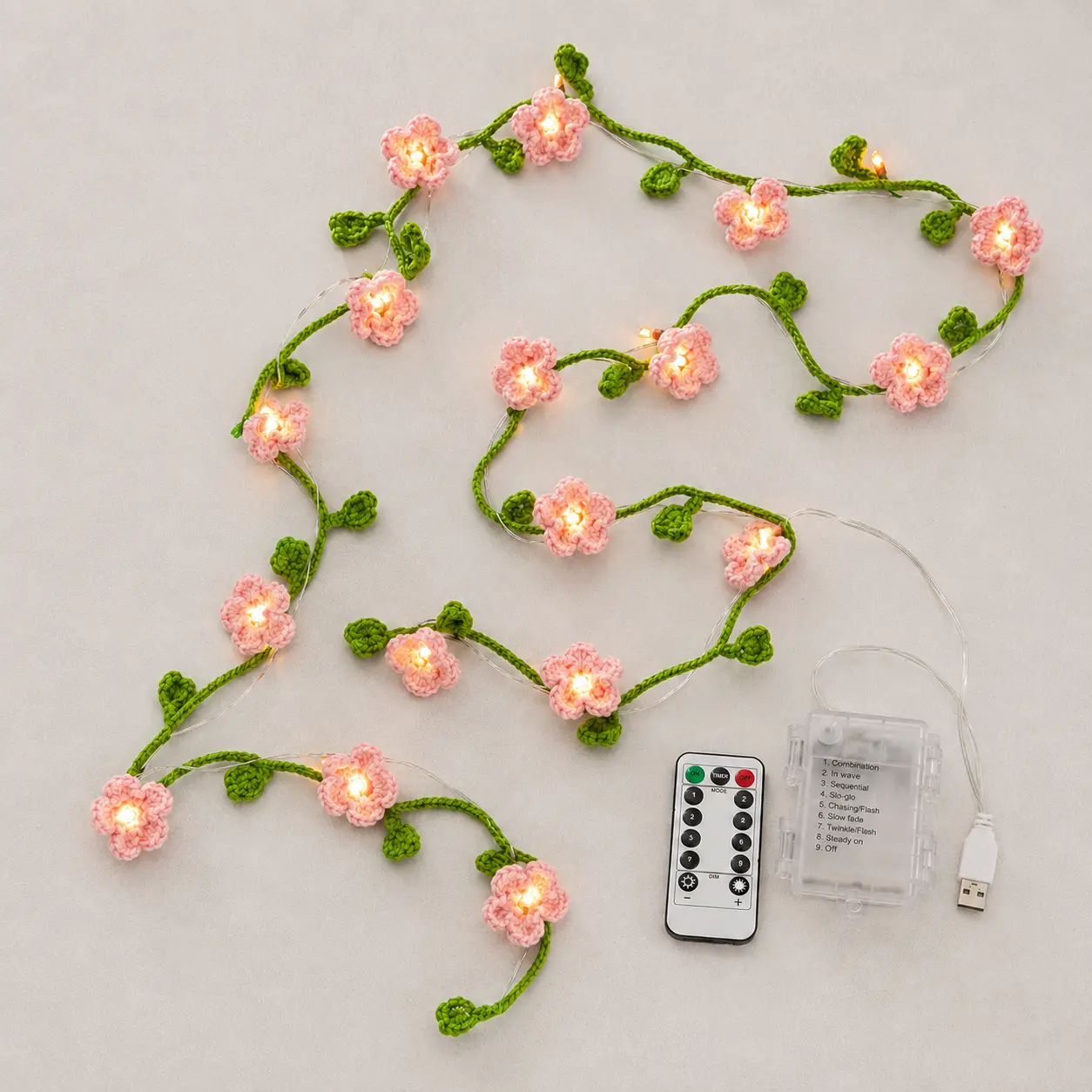 Handmade Crochet Flower String Lights, 13.1FT 40 Pink Blossom Vine Lights, USB & Battery Powered Cozy Bedroom Decor for Girls and Women