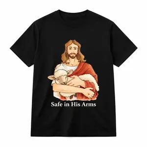 Safe in His Arms Cotton Oversized T-Shirt Tee, Unisex Graphic Print Shirt with Faith Shepherd and Lamb Design for Casual Wear Christian Gift and Inspirational Outfit