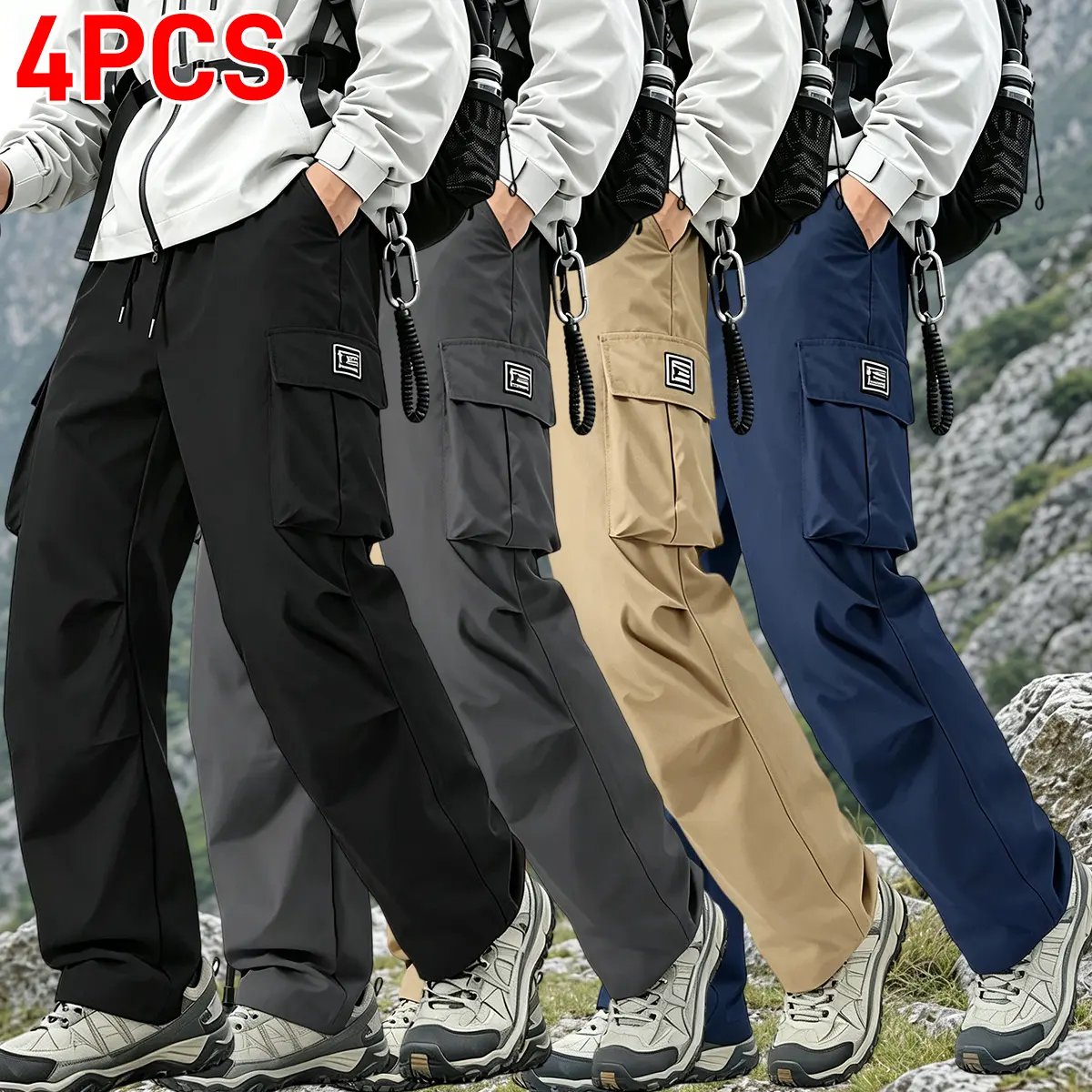 4PCS men’s cargo pants with multiple pockets; durable outdoor training pants; American retro men’s cargo pants; loose fit casual long pants with multiple pockets; vintage street style for outdoor wear; men’s everyday fashion straight-leg long pants; durab
