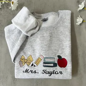 Personalized Teacher Embroidered Sweatshirt | Custom Name Crewneck Pullover | Cute Teacher Icons Spirit Wear Gift