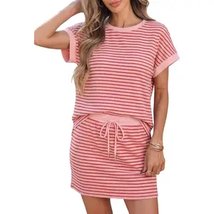 Womens Striped Short Sleeve Skirt Sets Crewneck Colorblock 2 count Outfits Drawstring Pajama Set 2026