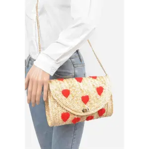 Heart Embroidery Straw Clutch