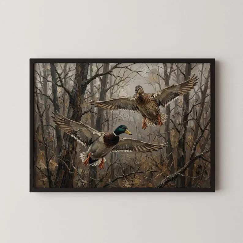 Flying Mallard Ducks Wall Art, Vintage Wildlife Oil Painting Print, Rustic Waterfowl Poster, Marshland Nature Decor, Hunting Lodge Cabin Artwork