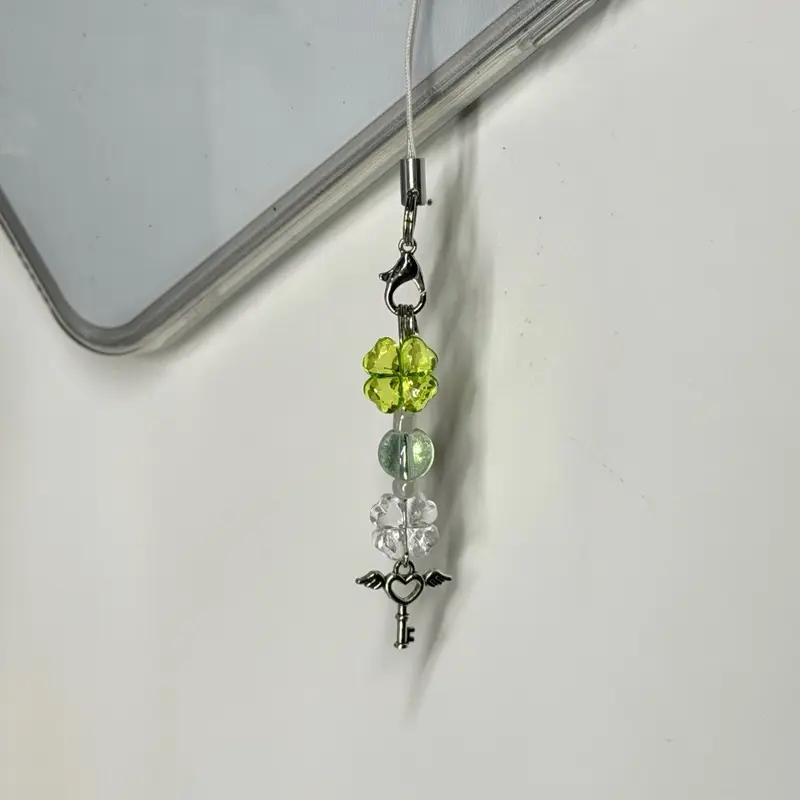 Handmade Green Clover Phone Charm, Lucky Four Leaf Bag Strap, Winged Heart Key Charm