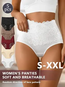5PCS Women’s High-Waisted Lace Panty Set, Soft Stretch Breathable Full-Coverage Briefs, Comfortable Underwear for Office, Lounging, Travel, and Sleeping