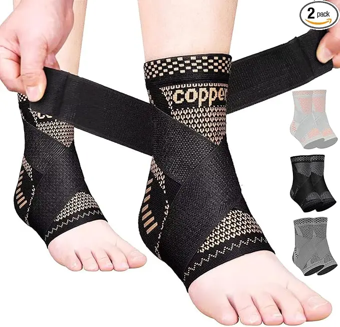 2PCS Copper Ankle Brace Adjustable Compression Sleeve (Pair)-Ankle Support Heel Brace for Achilles Tendonitis, Plantar Fasciitis-Eases Swelling and Sprained Ankle, Ankle Injury, Arch Support