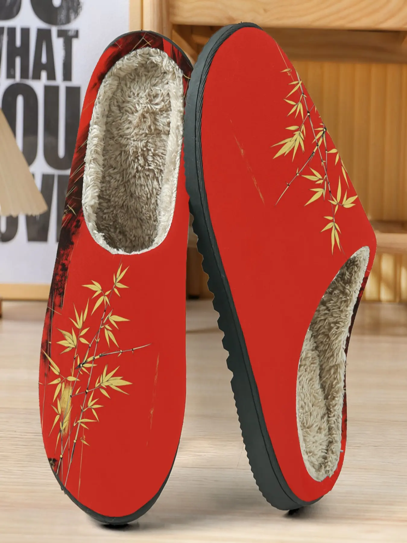 Chinese Style Cotton Slippers, Base with Gold Bamboo Branch Pattern, Warm Plush Lining, Casual Home Wear, Fall & Winter