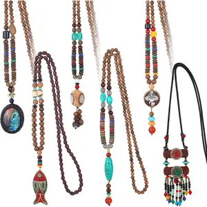 6 count Boho Long Necklaces for Women  Wooden Necklace Handmade Retro Nepal Boho  Gifts