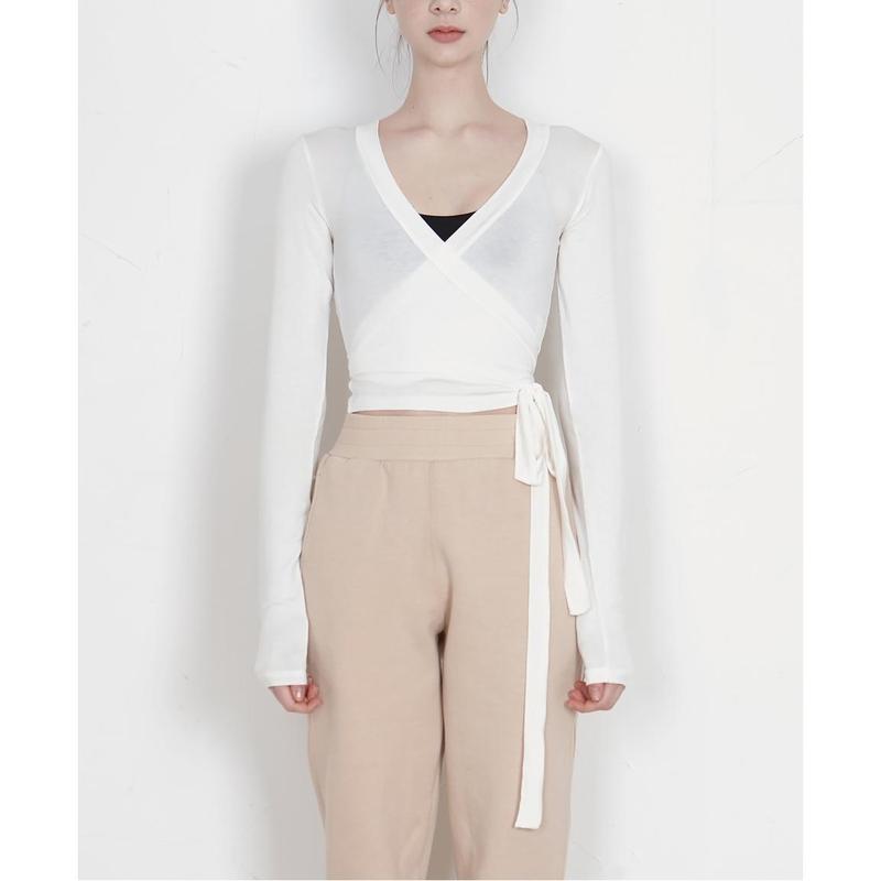 Women Solid Color Dance TopsFit Wrapped V Neck Tie-up Long Sleeve Crop Ballet Cardigan