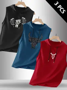 Men's 3-Piece Set Bull Graphic Print Round Neck Sleeveless Fitted T-Shirt, Casual Comfortable Hooded Vest, Summer Outdoor Fitness Wear