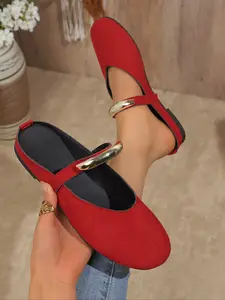 Women's Yellow Suede Slingback Flat Shoes, Round Toe with Metal Buckle Strap, Non-Slip Casual Mary Jane Flats for Daily Wear