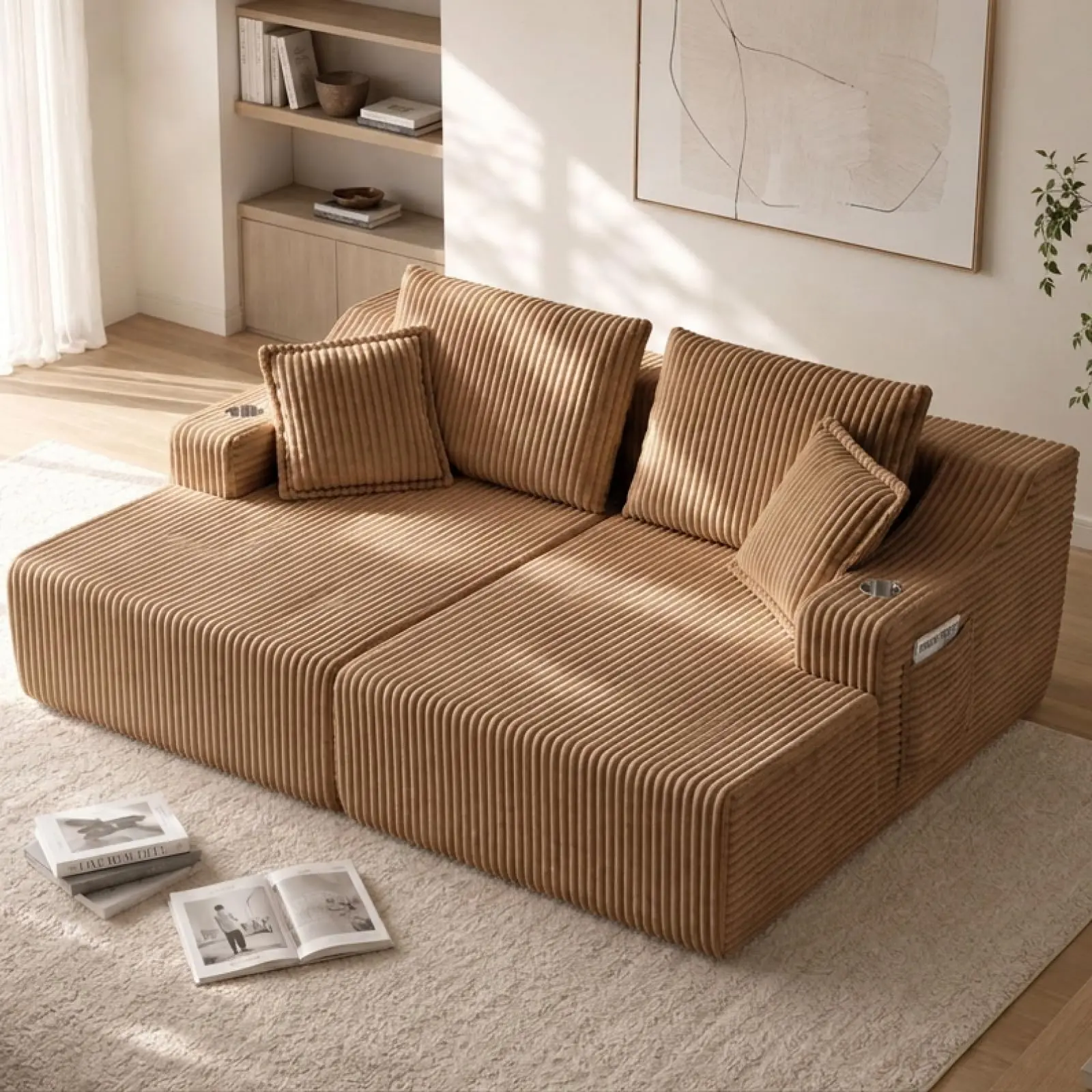 83" Oversized Boneless Loveseat Couch - Double Chaise Lounge Indoor Sofa Bed, Deep Seat, 6 Pillows, Modern Corduroy Furniture, No Assembly Required, Brown Room Furniture for Living Room