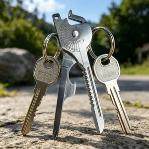 Key-Shaped Multi-Tool, 8-in-1 Lightweight Stainless Steel EDC Gadget with Serrated Blade, Hanging Holes, Ruler & Bottle Opener for Camping