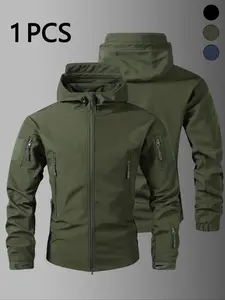 Men's Fitted Outerwear Soft Shell Jacket, Thickened American Style Casual Tactical Coat, All Seasons Plain Pattern