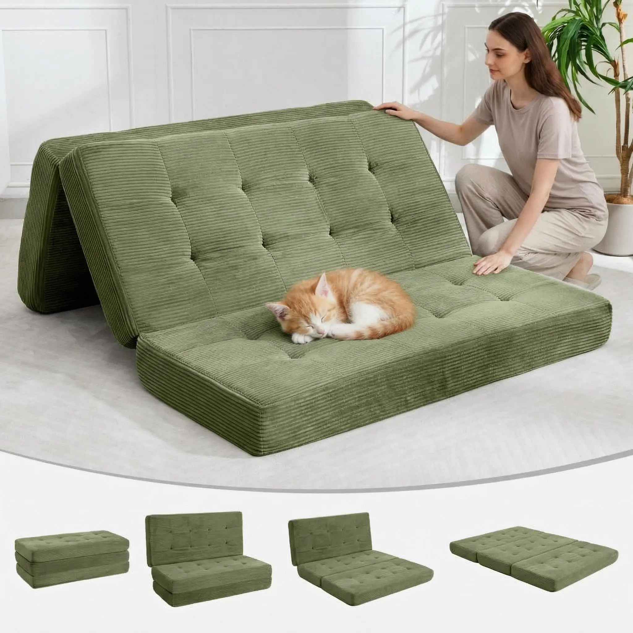 Garvee 6 Inch Folding Mattress - Tri-Foldable Sofa Bed and Floor Guest Mattress, 80.4" x 60" Foam Bed with Tufted Corduroy, Portable and Supportive for Camping, Living Room, Bedroom - Green