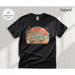 Men's summer beach vacation Graphic T-Shirt - Short Sleeve Crew Neck Regular Fit Casual Wear | Soft & Breathable Fabric, Durable Print, Everyday Comfort, Machine Washable, vintage retro beach sunset with surf van, palm tree, and ocean