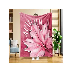 () 1pc Halloween Autumn Pink Leaf Pattern Flannel Blanket Lunch Rest Cover Blanket Sofa Bedding