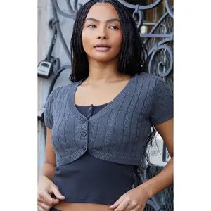 John Galt Women's Gray Cable Knit Cropped Cardigan